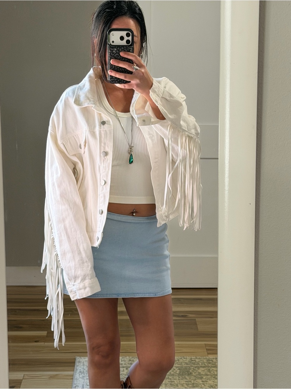 Le Lis White Fringe Denim Jacket